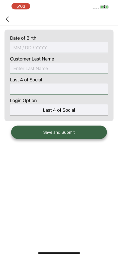 Login screen for the TWRA On the Go app with fields for birth date, last name, and social security number.