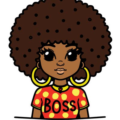 a virgo with a big poofy afro with hoop earring and a shirt that says boss