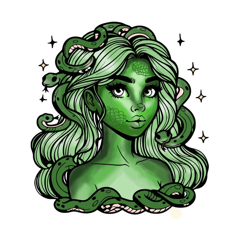 realistic girl with snakes as hair