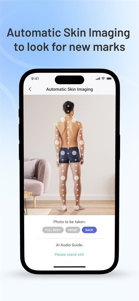 Miiskin: Rx Dermatology Visits - Smartphone interface of the Miiskin app showing its automatic skin imaging feature for full body monitoring.