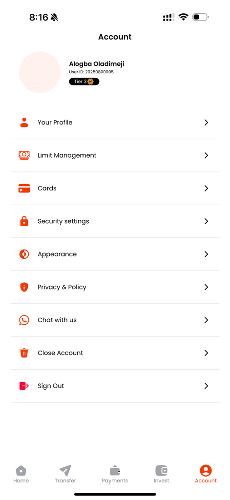 ClearPay - Account settings screen in the ClearPay mobile app showing user profile and security options