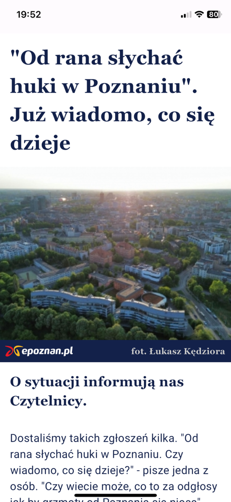 epoznan.pl - Screenshot of the epoznan.pl news app displaying a local article with an aerial view of Poznan city