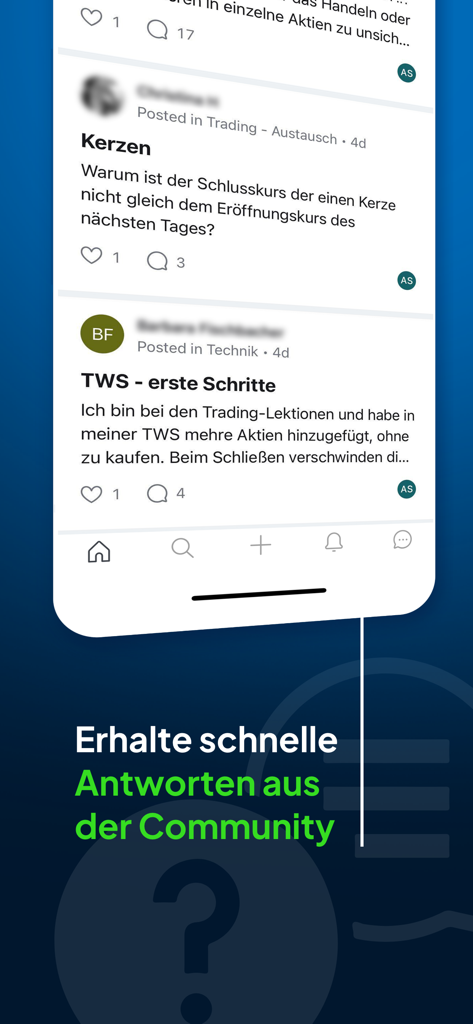 Mobile app screen showing a community feed with user discussions about trading and investment questions