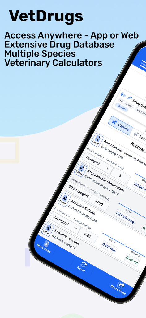 VetDrugs Veterinary Calculator - Schermata dello smartphone che mostra l'interfaccia dell'app VetDrugs con calcoli di dosaggio di farmaci veterinari per pazienti canini.