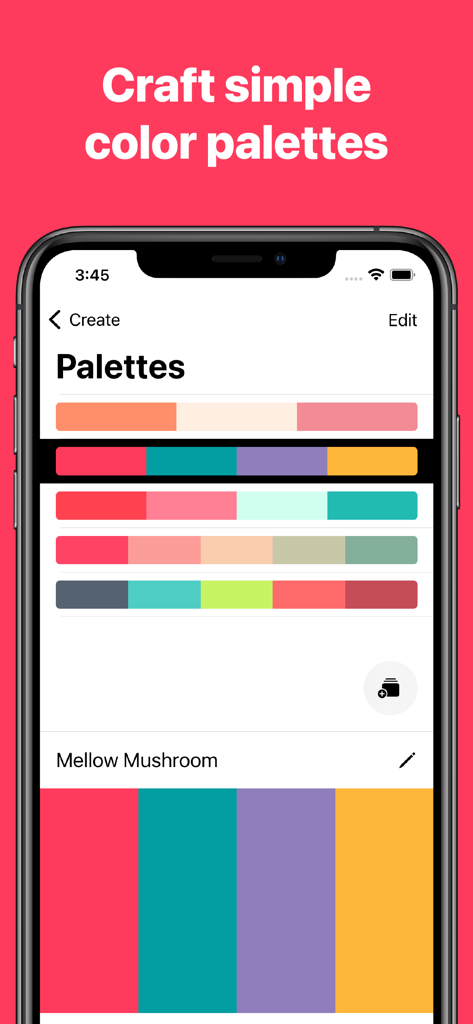 Pocket Palette - Pocket Palette app interface showing a list of saved color schemes and a detailed palette named Mellow Mushroom.