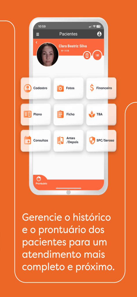 Clinicorp - Pantalla del perfil del paciente en la app móvil Clinicorp que muestra historiales clínicos y herramientas de gestión.