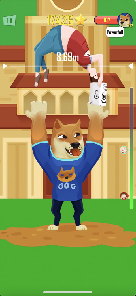 Buddy Toss - A muscular dog character catching a man in the Buddy Toss mobile game