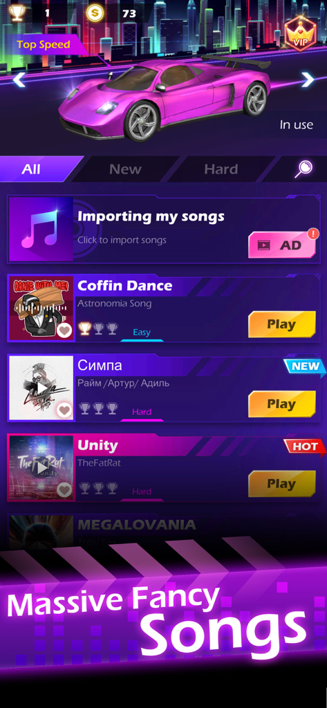 Beat Racing - Interface de jogo mobile para Beat Racing com um carro esportivo roxo e uma lista de músicas populares.
