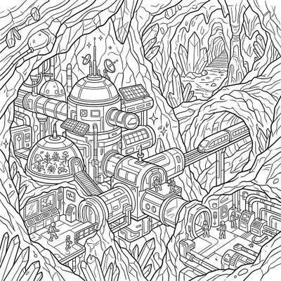 Step into a futuristic underground world with this detailed subterranean space habitat coloring page. Perfect for sci-fi fans, it offers an engaging scene of advanced technology and alien geology waiting for your creative colors.