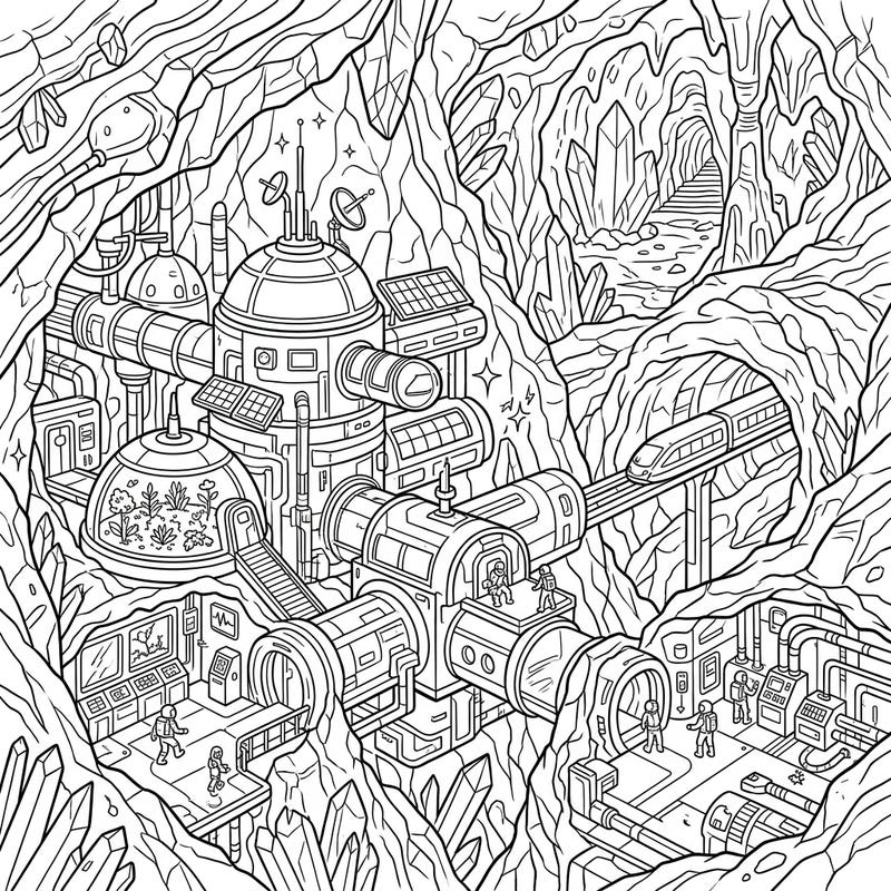 Step into a futuristic underground world with this detailed subterranean space habitat coloring page. Perfect for sci-fi fans, it offers an engaging scene of advanced technology and alien geology waiting for your creative colors.