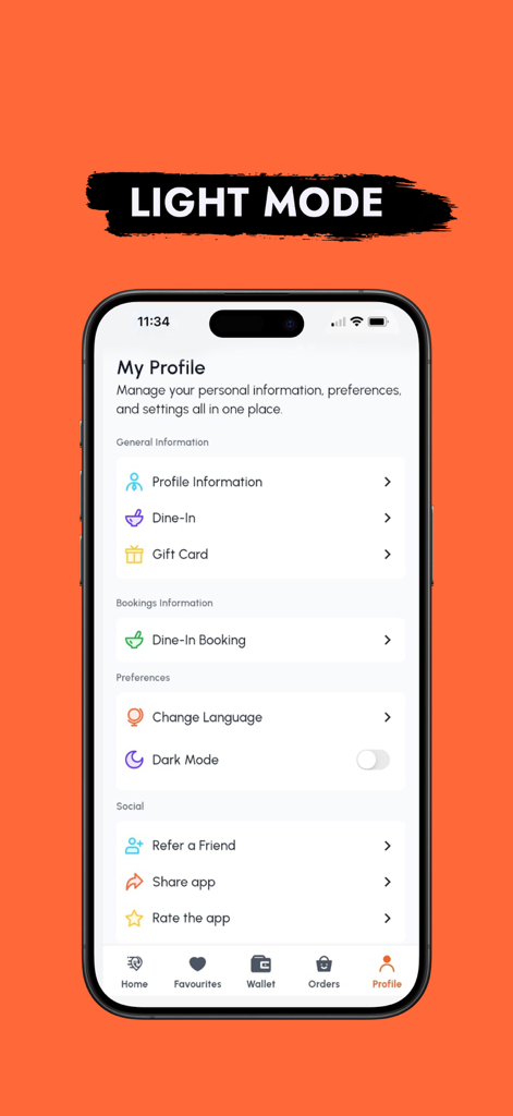 The Menu Hub - Tela de perfil do usuário do aplicativo The Menu Hub mostrando preferências e configurações da conta no modo claro