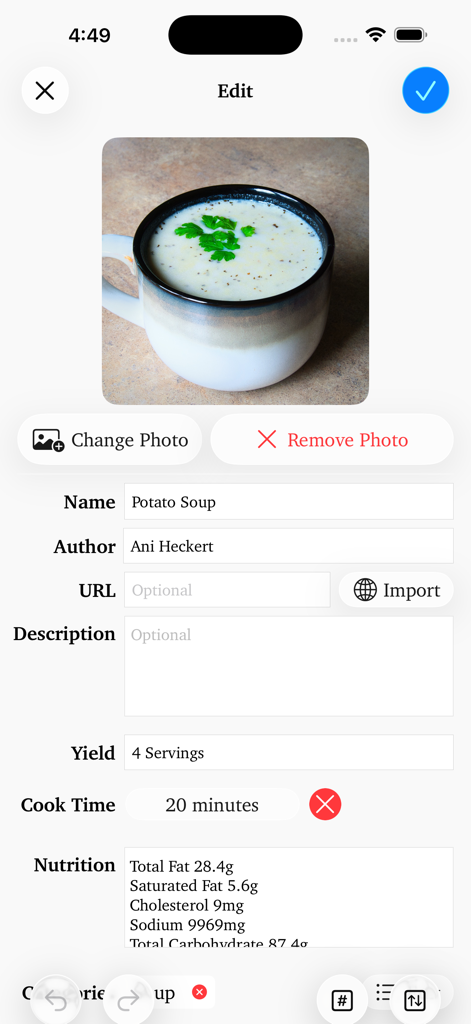 Personal Cookbook - Interface of the Personal Cookbook app showing the edit screen for a potato soup recipe with fields for nutrition and cook time