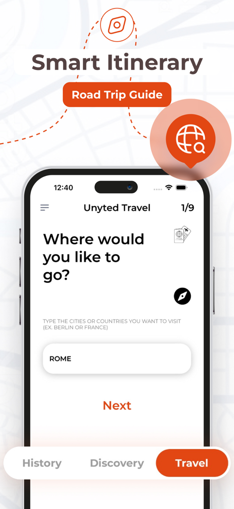 Interface de smartphone de l'application Planificateur de Voyage IA demandant une destination avec Rome saisie dans le champ de saisie.