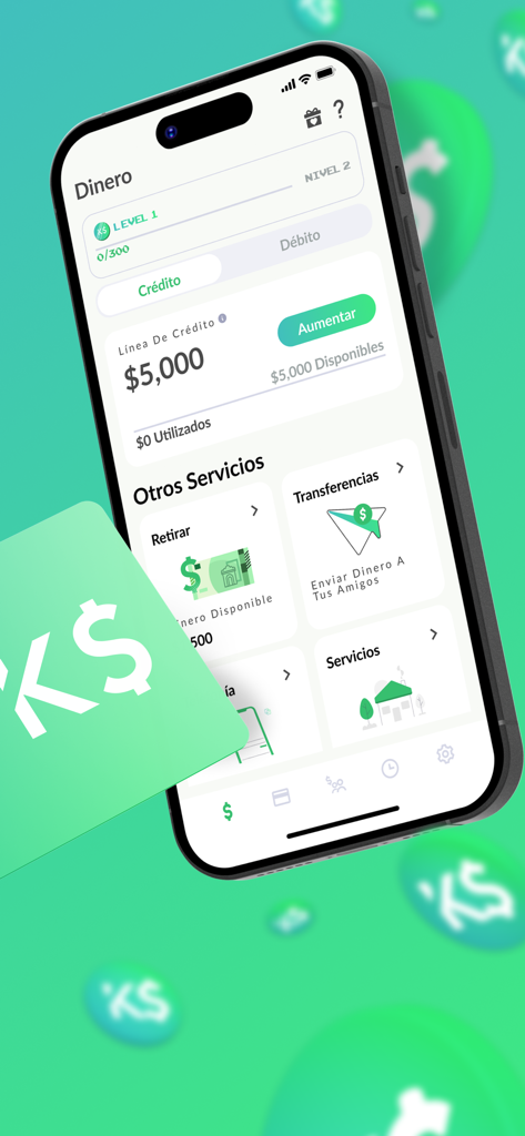 KabCash mobile app dashboard showing a credit line of five thousand dollars and financial service options in Spanish