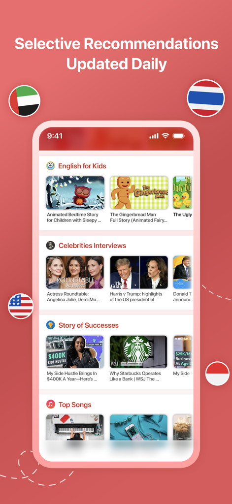 BiliTube montrant des recommandations de vidéos YouTube sélectionnées pour l'apprentissage des langues dans diverses catégories.