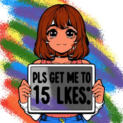 realistic girl holding up a sign that says “pls get me to 15 likes!”