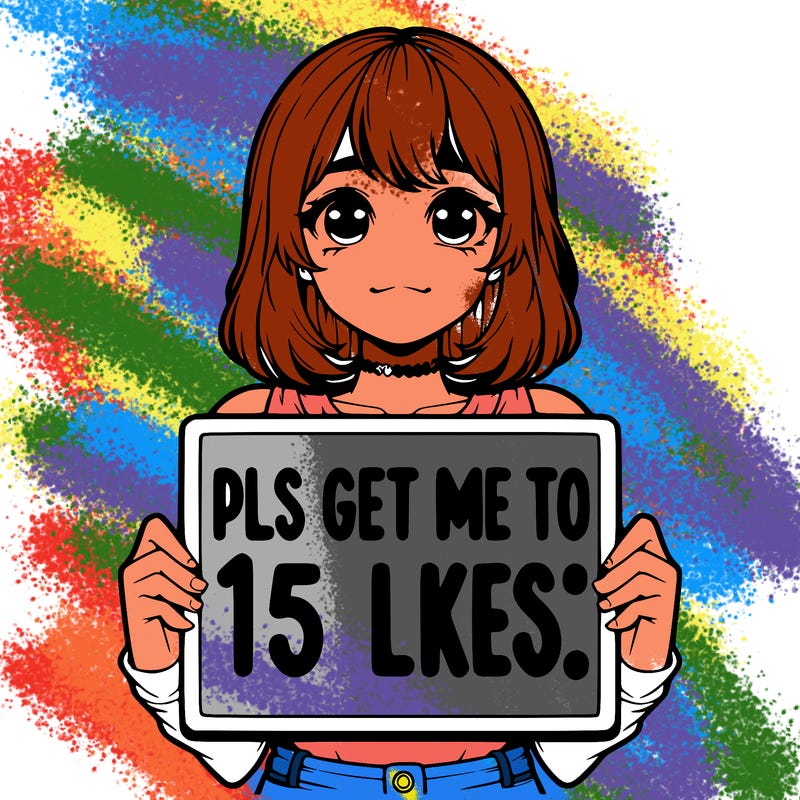 realistic girl holding up a sign that says “pls get me to 15 likes!”