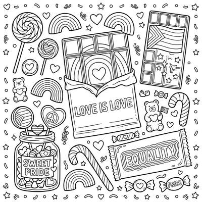 Dive into a delicious world of colors with this vibrant Pride Month-themed chocolate and candies coloring page. It's packed with sweet treats and symbols of love, diversity, and equality, perfect for celebrating and expressing your creativity.