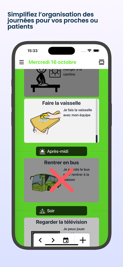 Pictalk Buddy: Autism Routine - Pantalla de smartphone que muestra el horario visual de la aplicación Pictalk Buddy con pictogramas para rutinas diarias como lavar los platos y tomar el autobús.