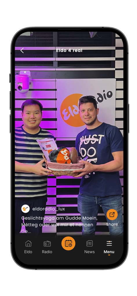 Eldo - Eldo App-Screenshot, der ein Community-Event-Foto von zwei Männern in einem Radiostudio zeigt