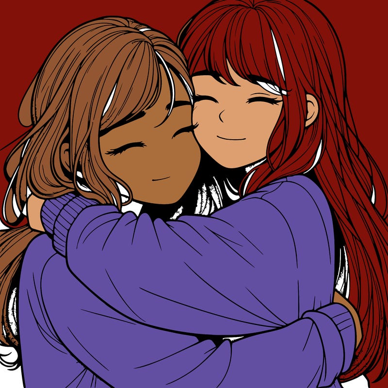 realistic two girls hugging