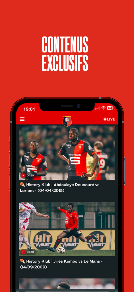 スタッド・レンヌFCアプリのインターフェース、限定的な過去の試合ビデオのフィードを表示