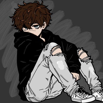 a male hoddie ripped jeans messy hair anime