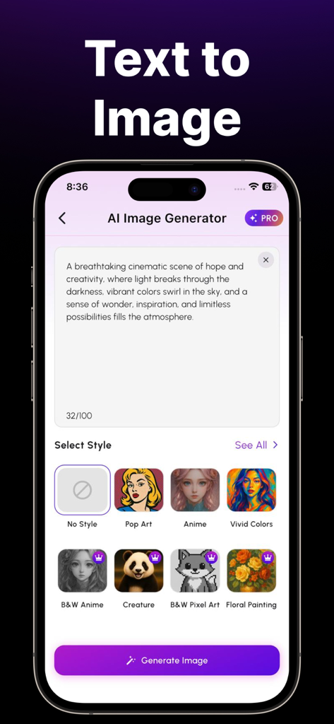 AI Photo Generator - Image AI - Interface of the AI Photo Generator app showing a text to image prompt box and multiple art style selections like Pop Art and Anime