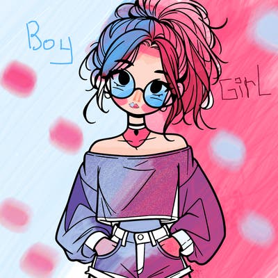 girl with a messy ponytail glasses a baggy crop top and jean shorts