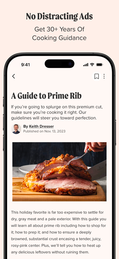America's Test Kitchen - Americas Test Kitchen app displaying a prime rib recipe guide with no ads