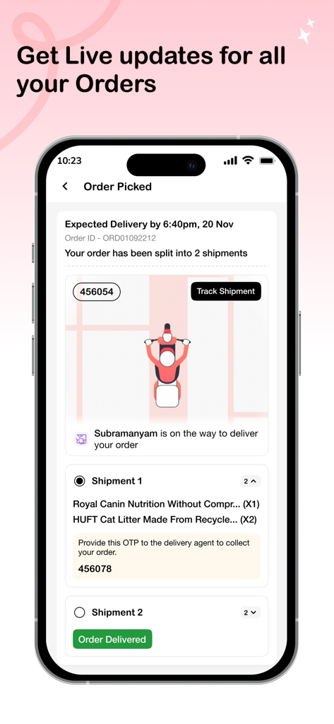 Vetic app interface displaying live tracking for pet food and supply deliveries with a map view