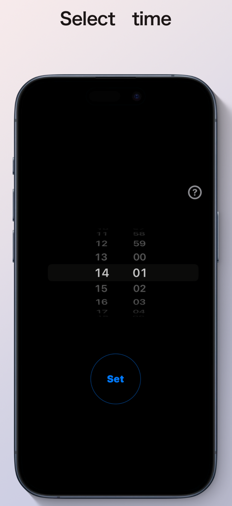 Earphone only alarm - 이어폰 전용 알람 앱 인터페이스가 알람 시간을 선택하고 설정하는 시간 선택기를 보여줍니다.
