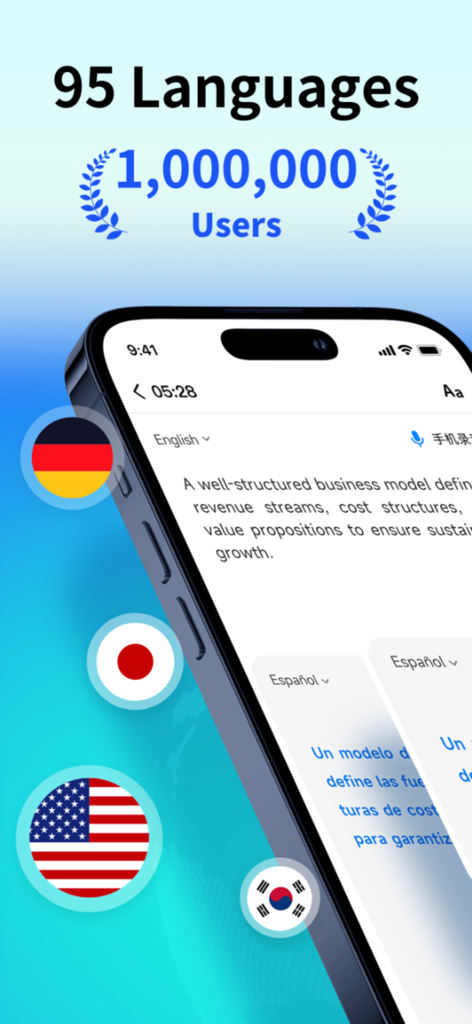 PolyPal AI Live Translator app interface showing 95 supported languages and a one million users milestone