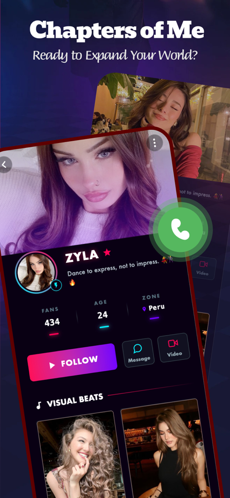 Drift - Chat & Share - Interface do perfil do usuário do aplicativo Drift para Zyla, mostrando bio de dança e opções de interação social