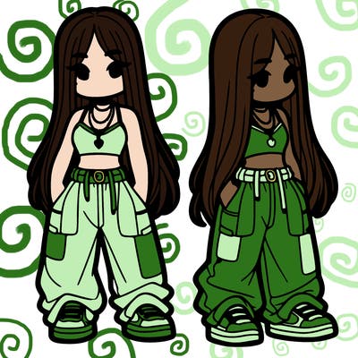 girl in baggy pants crop top and long hair