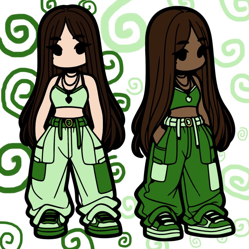 girl in baggy pants crop top and long hair