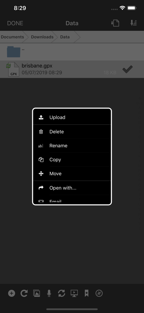 WebDAV Nav+ - WebDAV Nav plus app showing a file context menu with options to upload delete rename copy and move files