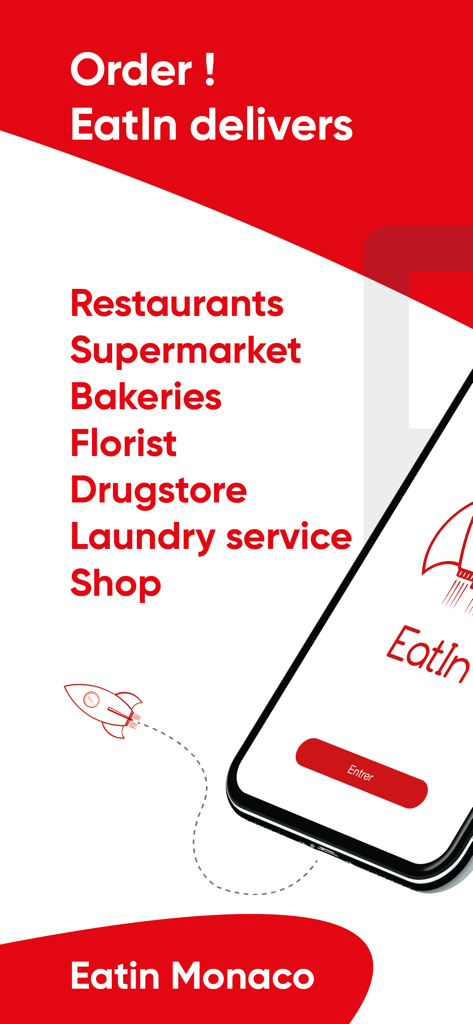 EatIn Monaco - Écran de démarrage de l'application EatIn Monaco présentant une liste de services de livraison, y compris les restaurants, les supermarchés et la blanchisserie.