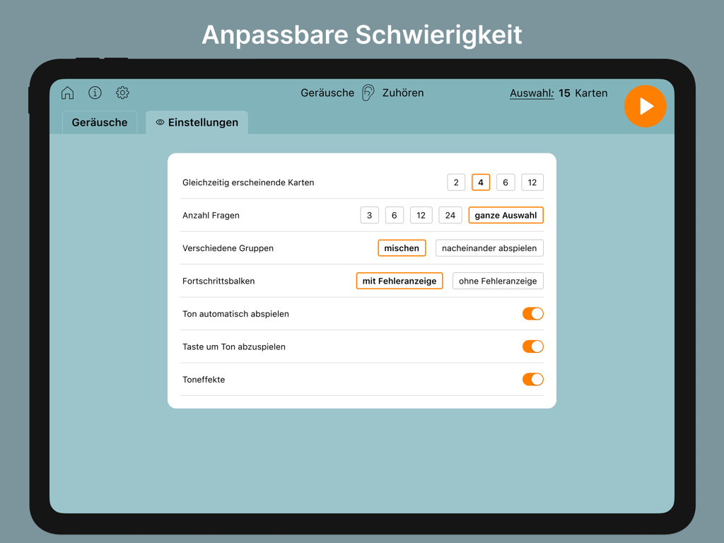 Lexico Hören Pro - Pantalla de configuración de dificultad personalizable en la aplicación Lexico Hoeren Pro
