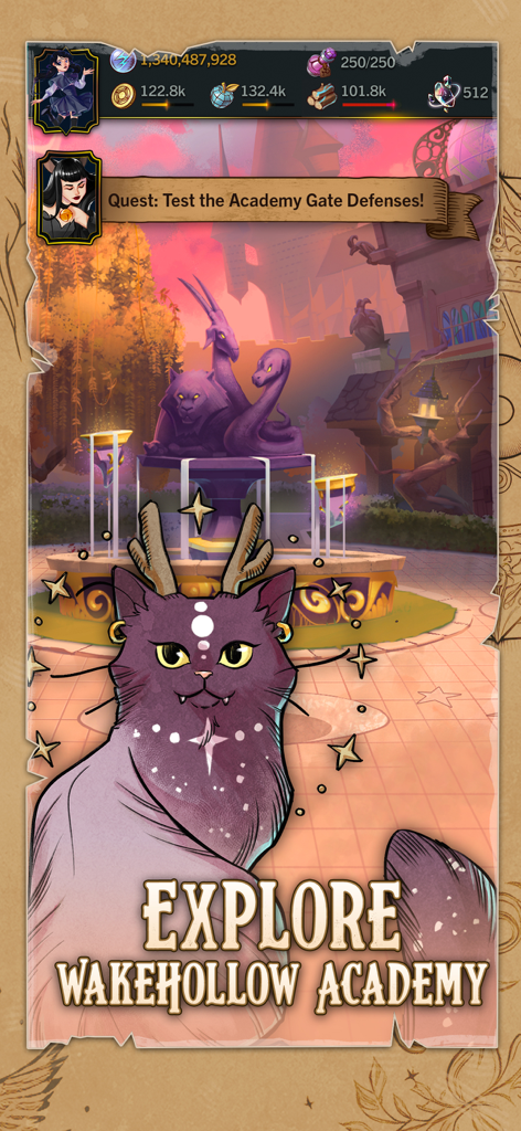 A magical purple cat with antlers in the courtyard of Wakehollow Academy in Witch Arcana