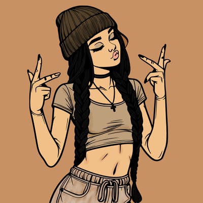 realistic teenage girl with braids and a beanie and crop top doing 🫶🏼
