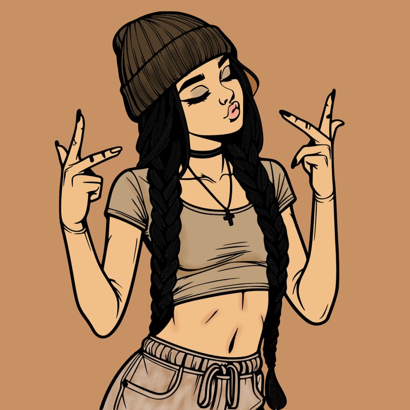 realistic teenage girl with braids and a beanie and crop top doing 🫶🏼