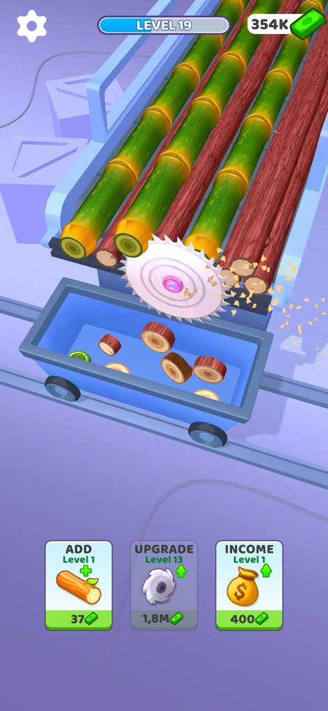 A circular saw blade cutting various wooden logs into a collection cart in Idle Cutter Wood Slice game.