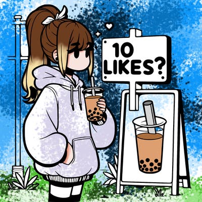 girl with oversized hoodie drinking boba and she has a high ponytail with a sign that says 10likes?