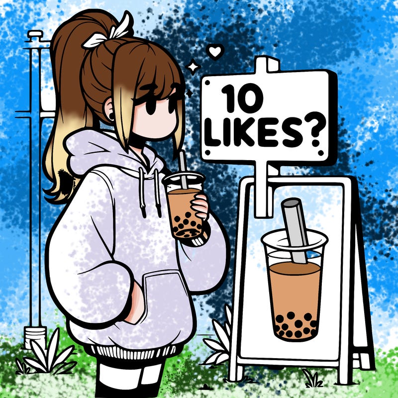 girl with oversized hoodie drinking boba and she has a high ponytail with a sign that says 10likes?