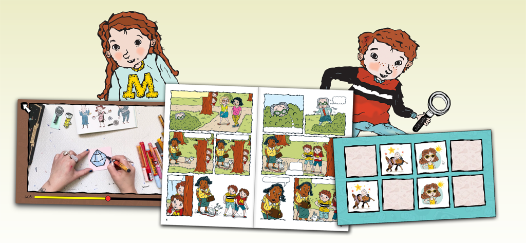 The JerryMaya Detective Agency - Jerry and Maya with a comic book, a drawing video, and a matching game.