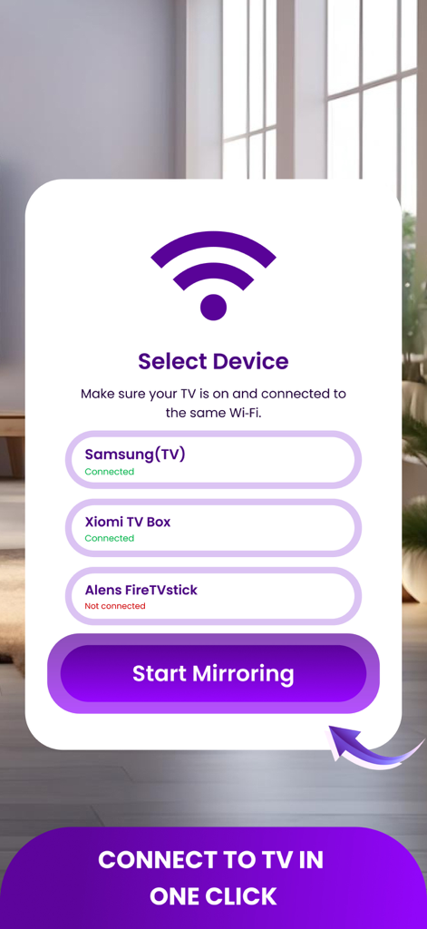 Screen Mirroring • Smart TV - Interface of the Screen Mirroring app showing a list of detected smart TV devices for easy connection
