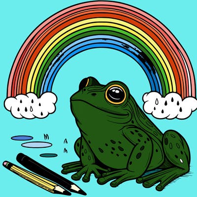 realistic frog under a rainbow