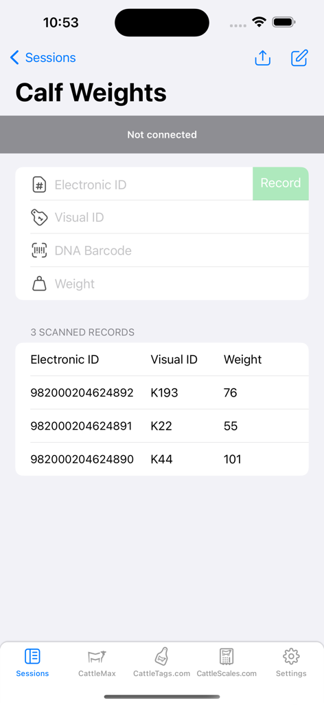 Screenshot of TagMax app calf weights session displaying electronic ID visual ID and weight records