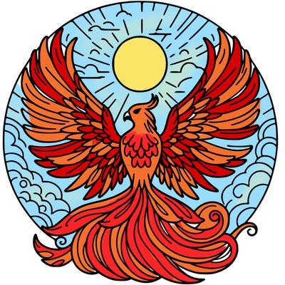 a phoenix posing with its wings open in front of the sun.